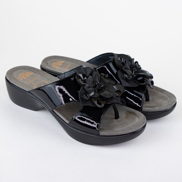 Dansko Black Patent Leather Wedge Sandals Flower Size 36/ US 6 - Picture 1 of 15